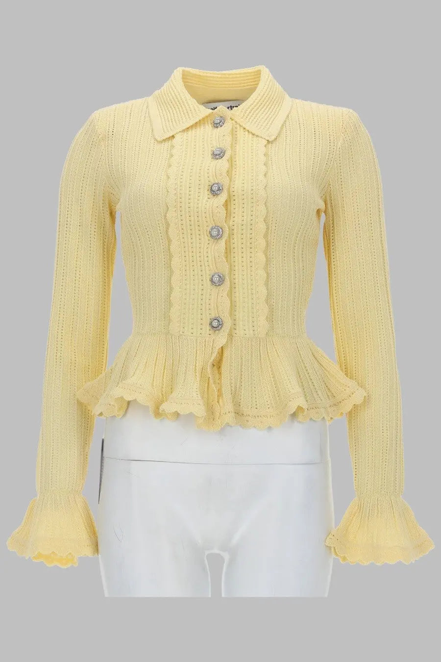 Self portrait women’s pale yellow ribbed knit cardigan with collar scalloped peplum hem cuffs and silver buttons