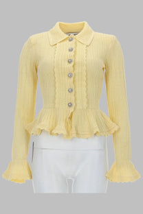 Self portrait women’s pale yellow ribbed knit cardigan with collar scalloped peplum hem cuffs and silver buttons