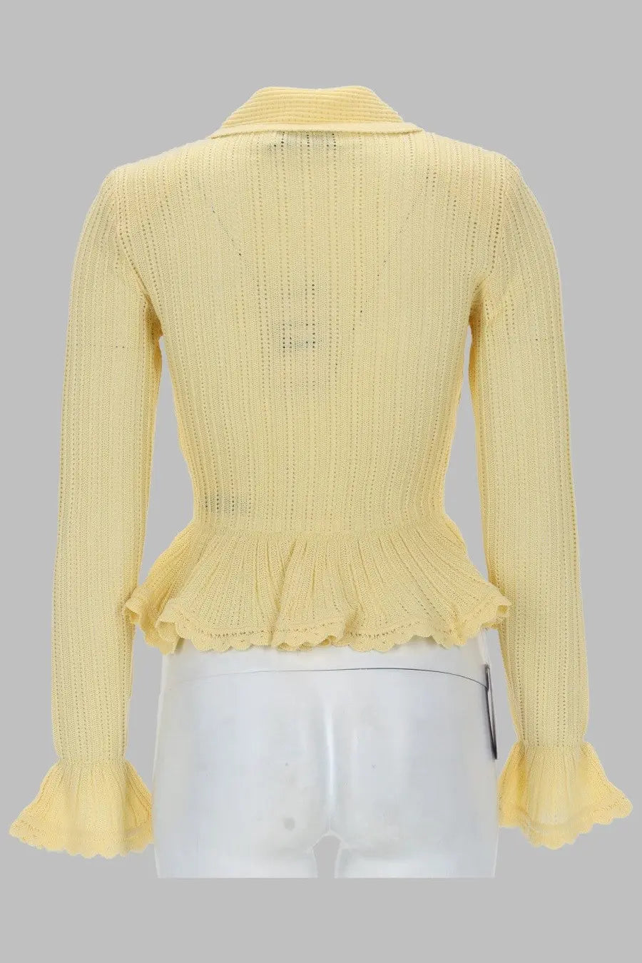 Self-portrait women’s cardigan traforato yellow pale yellow ribbed knit cropped sweater with collar and ruffled hem and cuffs