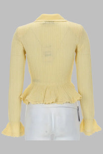 Self-portrait women’s cardigan traforato yellow pale yellow ribbed knit cropped sweater with collar and ruffled hem and cuffs