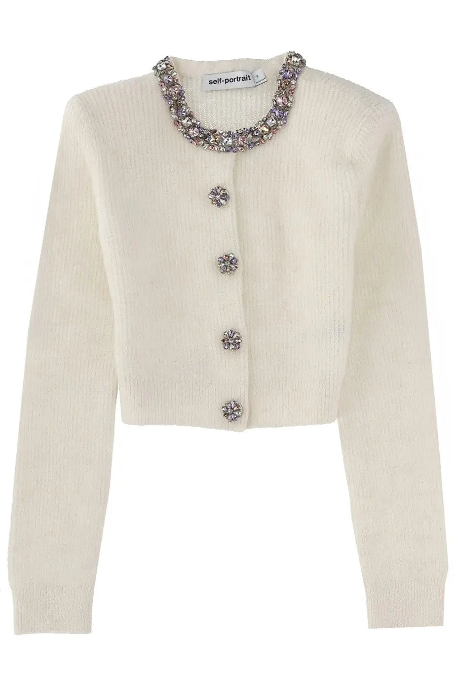 Cream-colored self-portrait women’s cardigan in ribbed knit with sparkling embellished collar and matching floral buttons