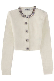 Cream-colored self-portrait women’s cardigan in ribbed knit with sparkling embellished collar and matching floral buttons