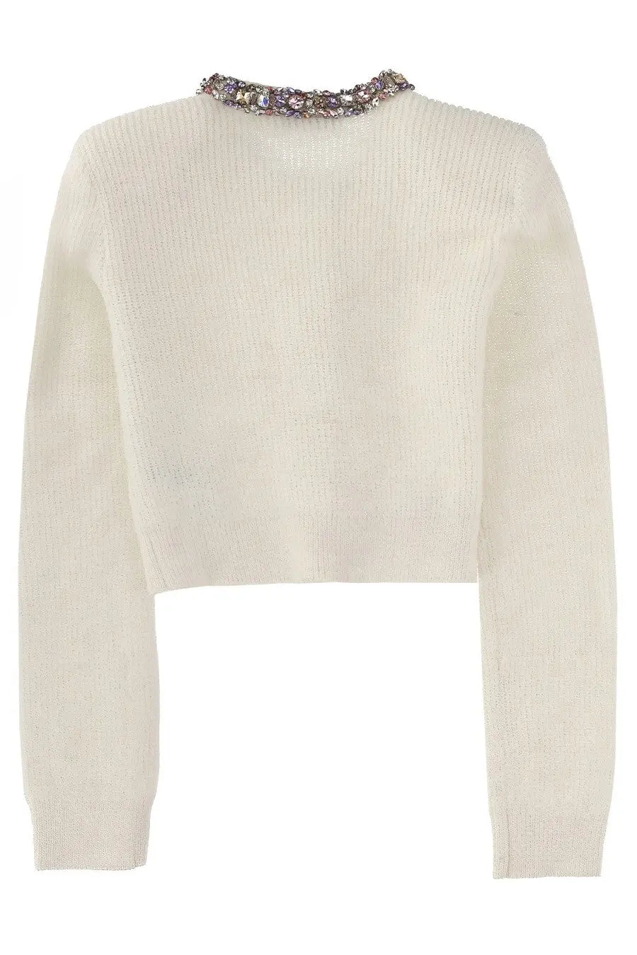 Cream-colored ribbed knit cropped sweater with embellished collar featuring sparkling stones from self-portrait women’s cardigan white