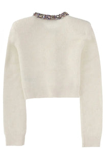 Cream-colored ribbed knit cropped sweater with embellished collar featuring sparkling stones from self-portrait women’s cardigan white