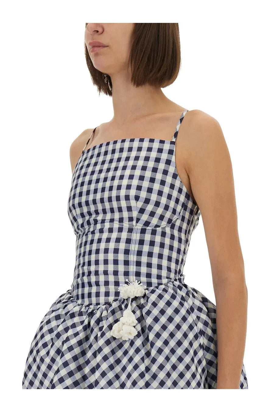 Self-portrait women’s blue checkered taffeta mini dress with navy and white gingham thin straps and pom-pom ties at waist