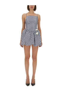 Self-portrait womens navy and white gingham checkered taffeta mini dress with thin straps and pom-pom waist detail