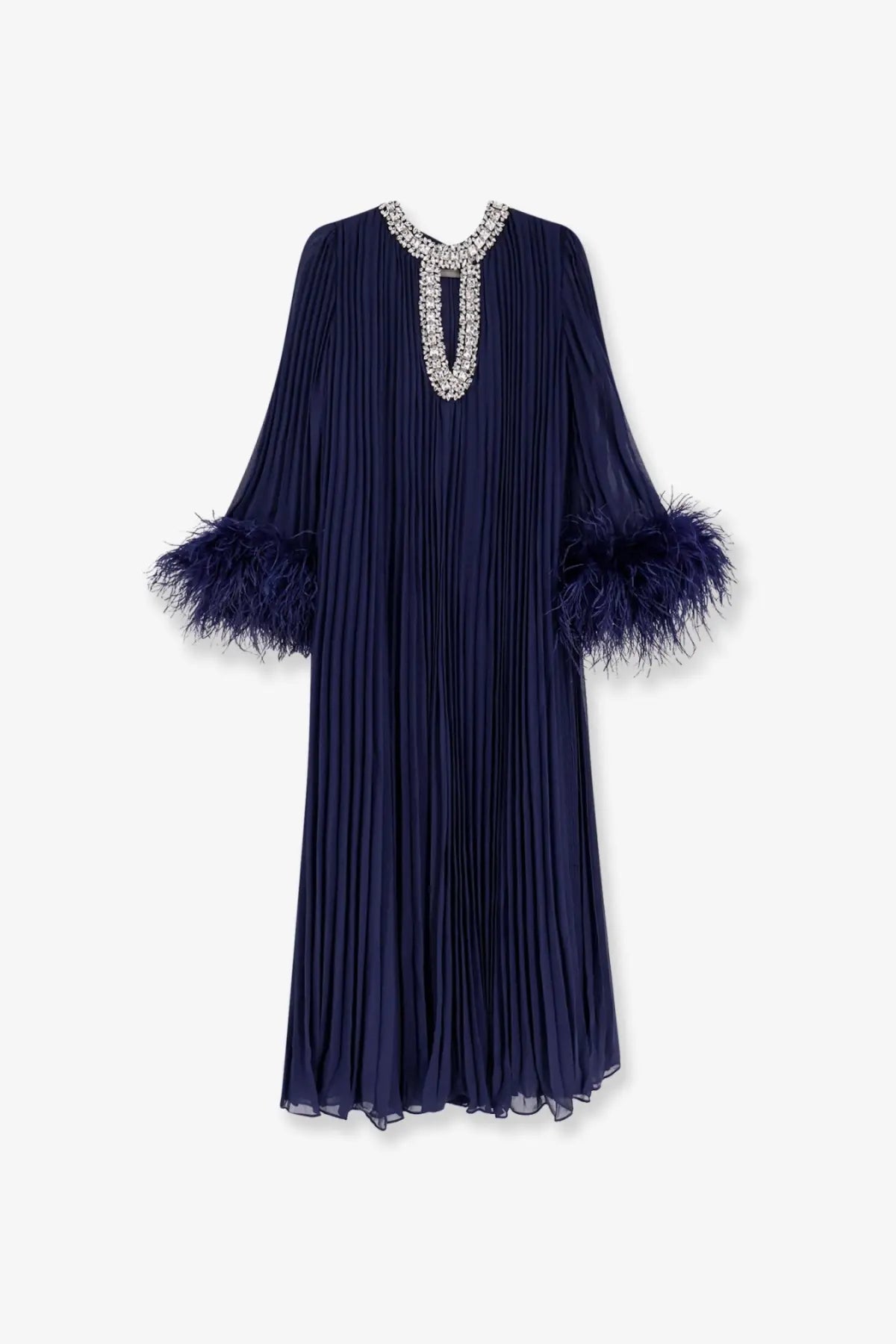 Navy blue chiffon long dress by self-portrait with pleats crystal embellishment at neckline feathered cuffs
