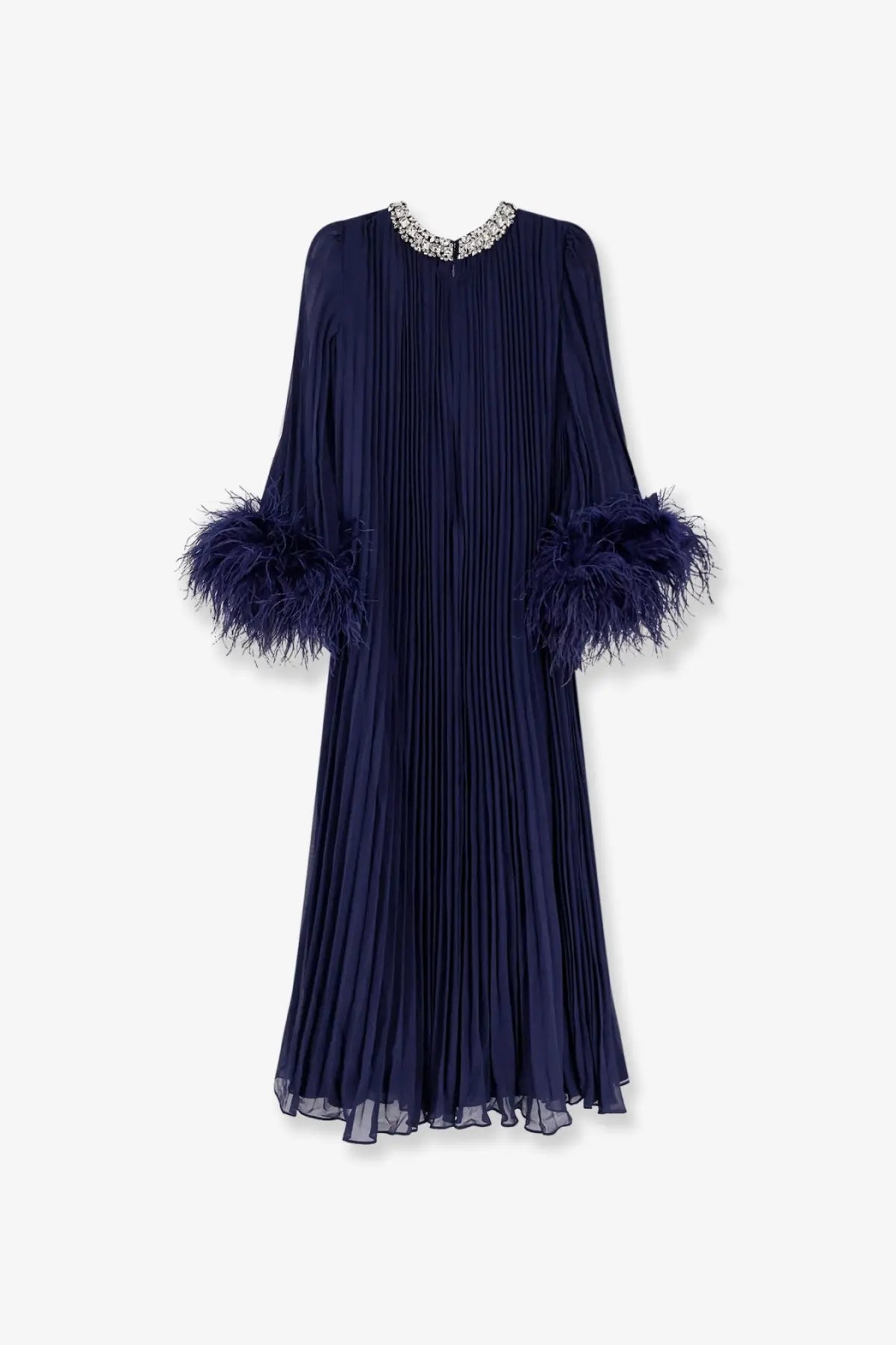 Self-portrait women’s navy blue chiffon midi dress with pleats feathered cuffs and beaded neckline