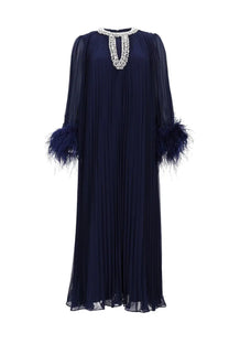 Self portrait women’s chiffon midi dress in navy blue with pleats sheer long sleeves feathered cuffs and crystal neckline