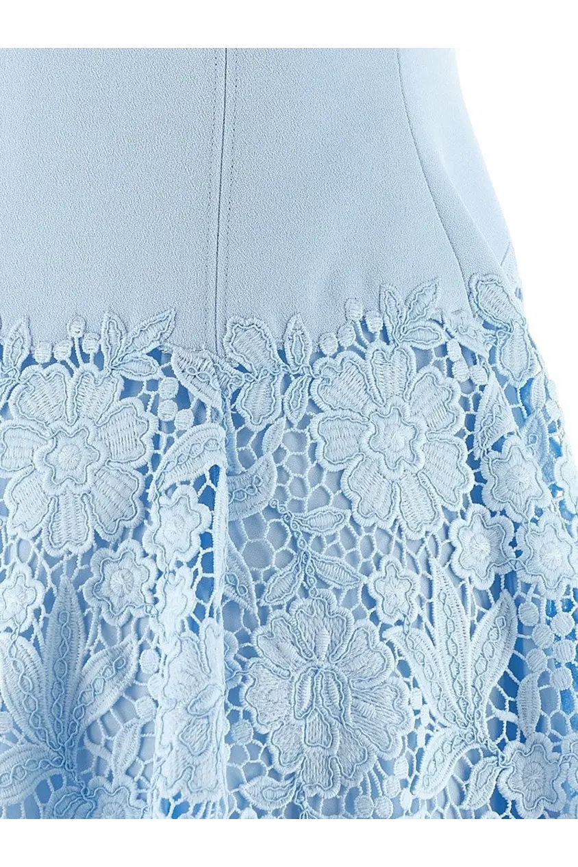 Self-portrait women’s crepe lace mini dress in pastel blue with delicate light blue floral lace hem overlay