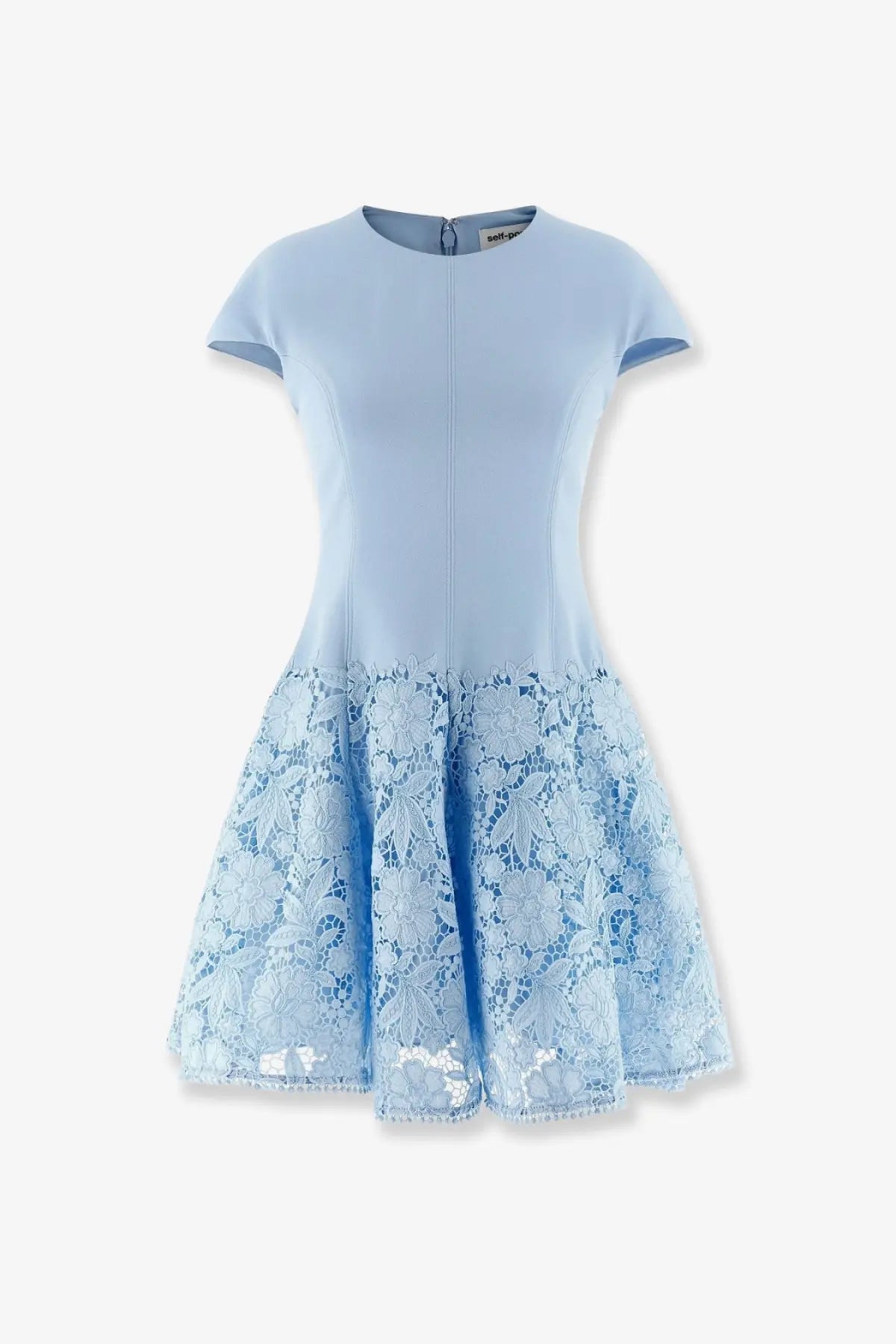 Light blue self-portrait women’s crepe lace mini dress with fitted bodice and flared floral lace skirt