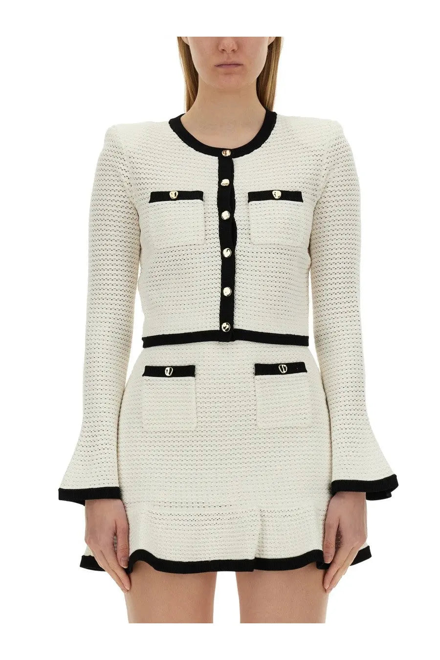 Self-portrait women’s crochet cardigan white with chic white and black tweed mini dress flared sleeves button closure