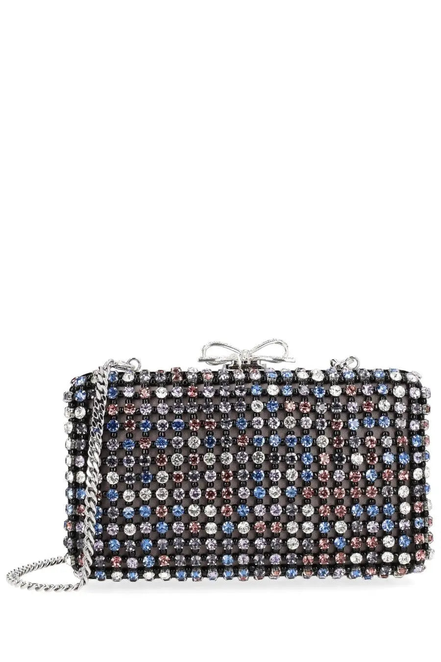 A glamorous self-portrait women’s multicolor crystal chainmail clutch bag with a silver chain strap and bow clasp