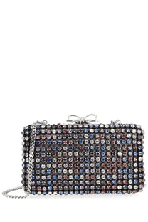 A glamorous self-portrait women’s multicolor crystal chainmail clutch bag with a silver chain strap and bow clasp