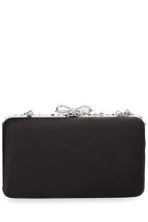 Self-portrait women’s black satin clutch bag with silver bow clasp and rhinestone embellishments for evening use