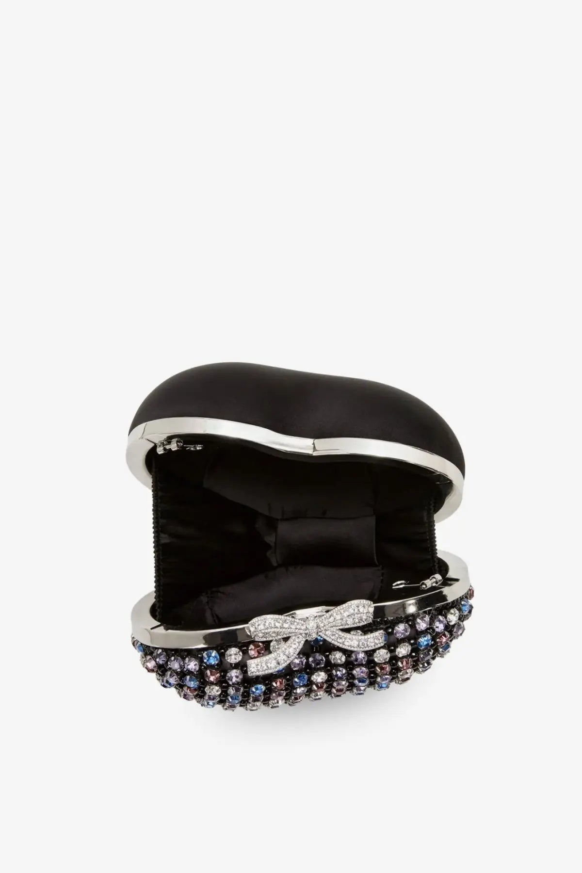 Black satin clutch with a sparkling silver bow and blue-purple crystal metal trim from self-portrait Womens Crystal Heart Clutch Bag Red