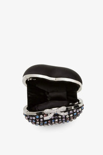 Black satin clutch with a sparkling silver bow and blue-purple crystal metal trim from self-portrait Womens Crystal Heart Clutch Bag Red