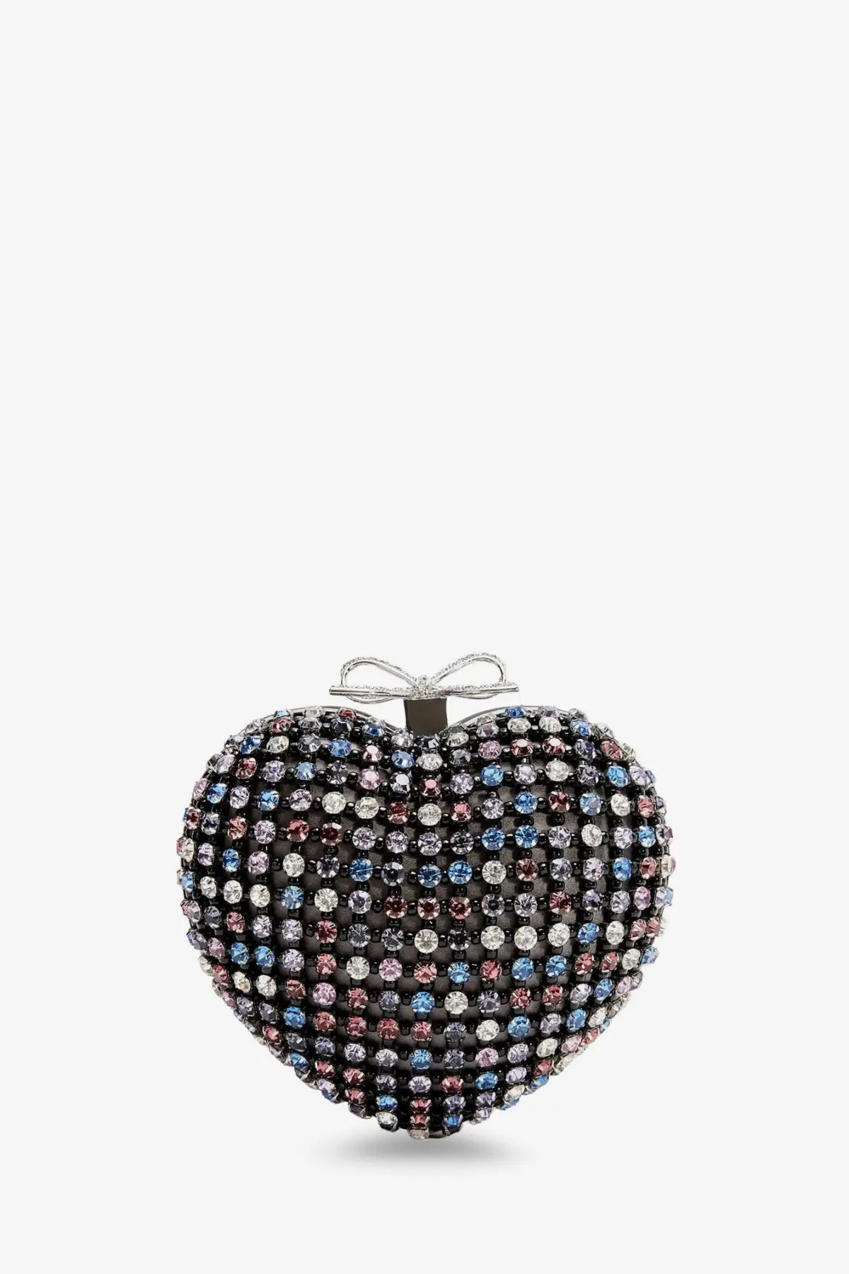 Self-portrait women’s crystal heart clutch bag red adorned with multicolored rhinestones and silver bow detail