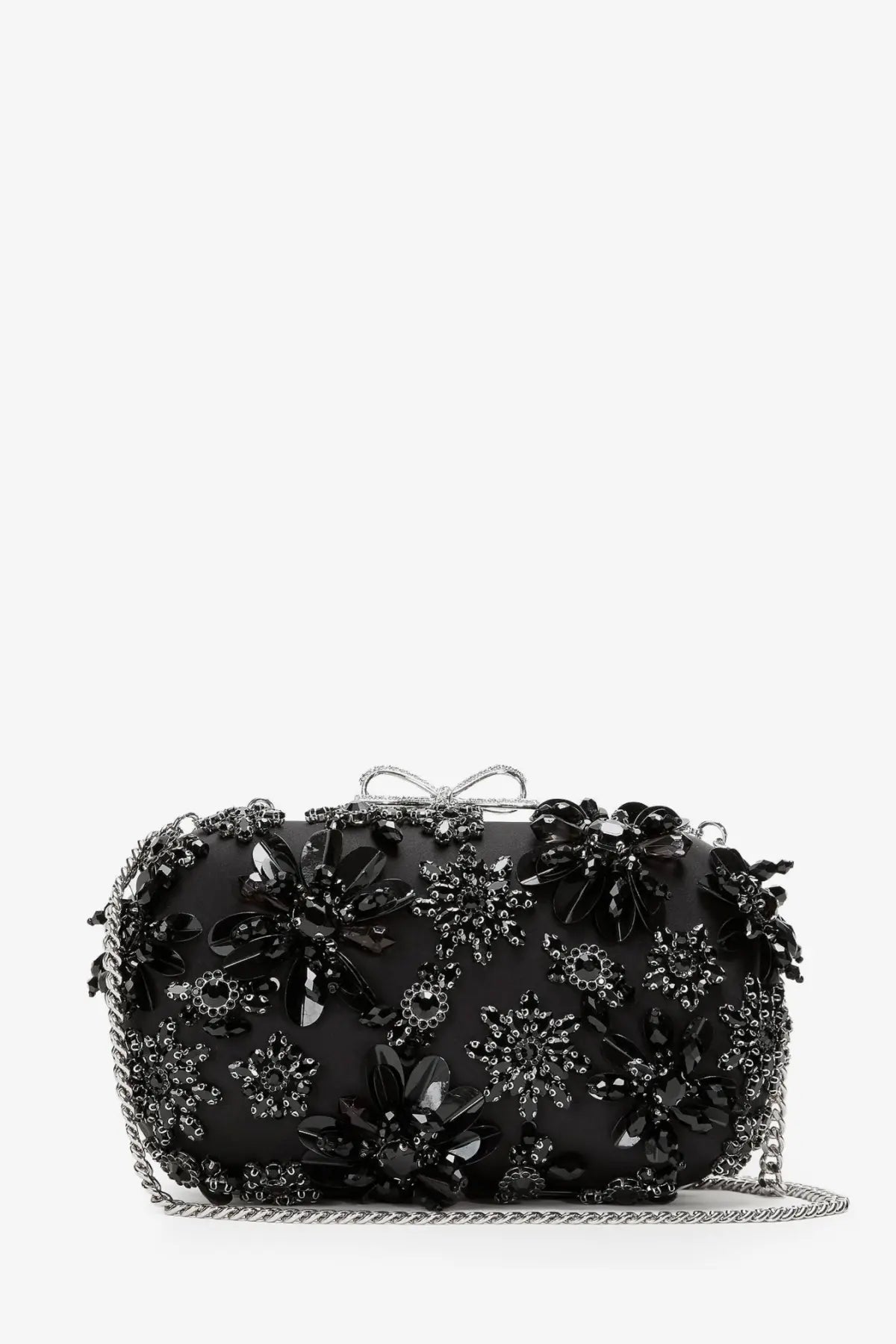 Self-portrait women’s crystals black clutch bag with black beaded floral design silver chain strap and bow clasp