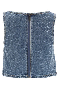 Self-portrait women’s blue denim crop top featuring a central black zipper and subtle white dot pattern