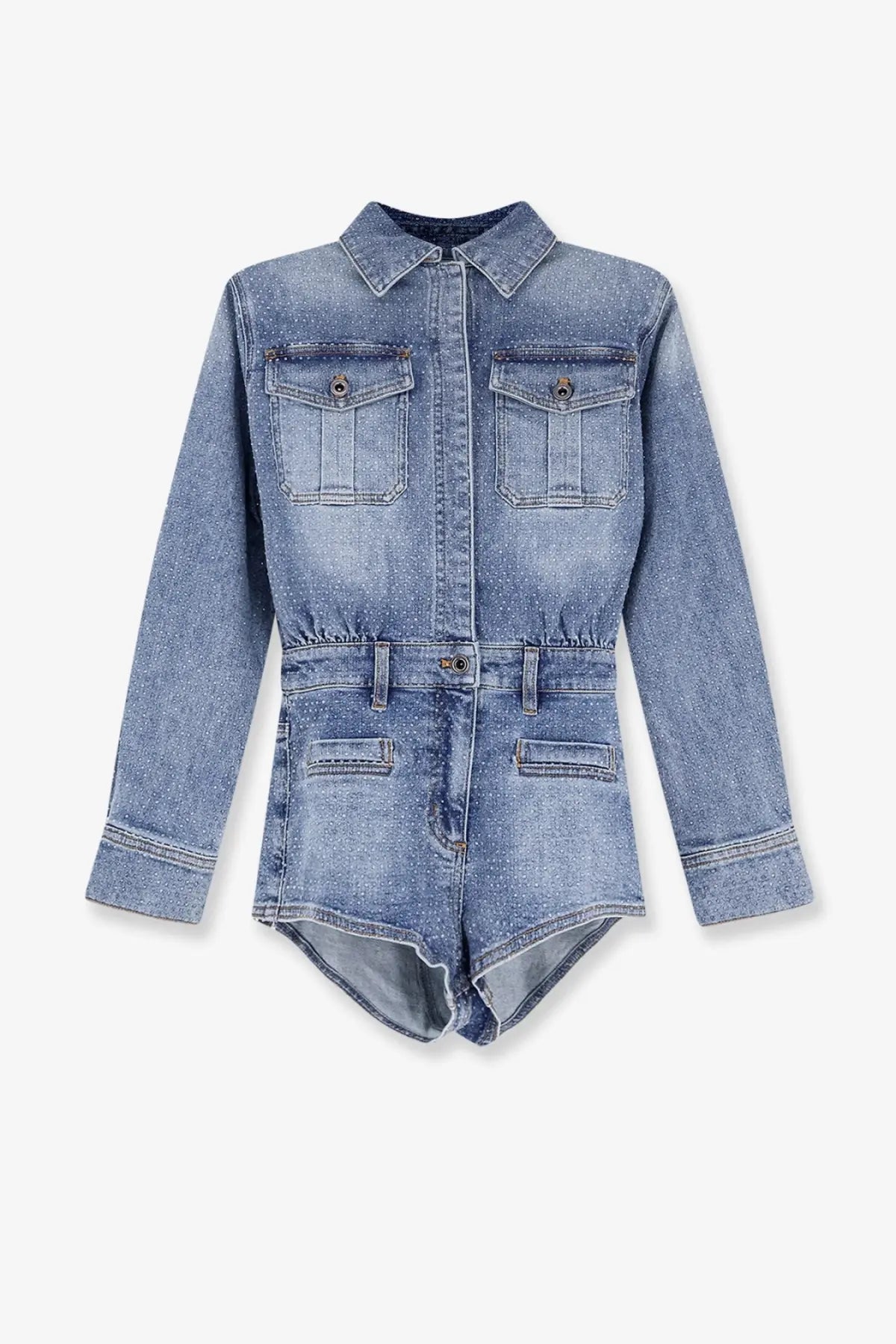 Self-portrait women’s light-wash denim jumpsuit with collar button-front closure and multiple pockets in blue