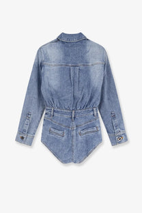 Back view of self portrait women’s light-wash blue denim jumpsuit with collared shirt-style back and two rear pockets