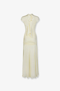 Self-portrait women’s draped jersey long dress yellow with a pale yellow flowing maxi design and ruched waist detailing