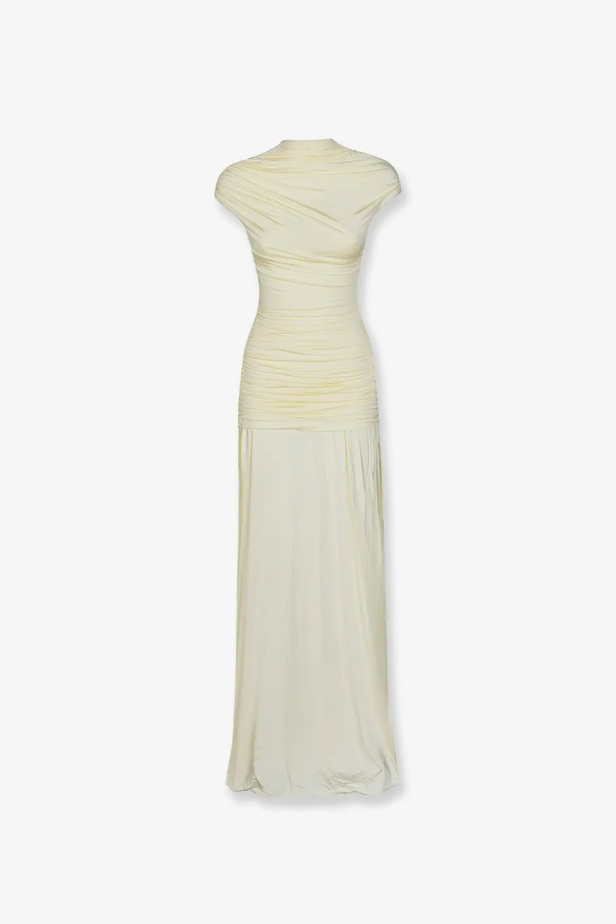 Self-portrait women’s draped jersey long dress yellow with pale yellow ruched fabric high neckline and short sleeves
