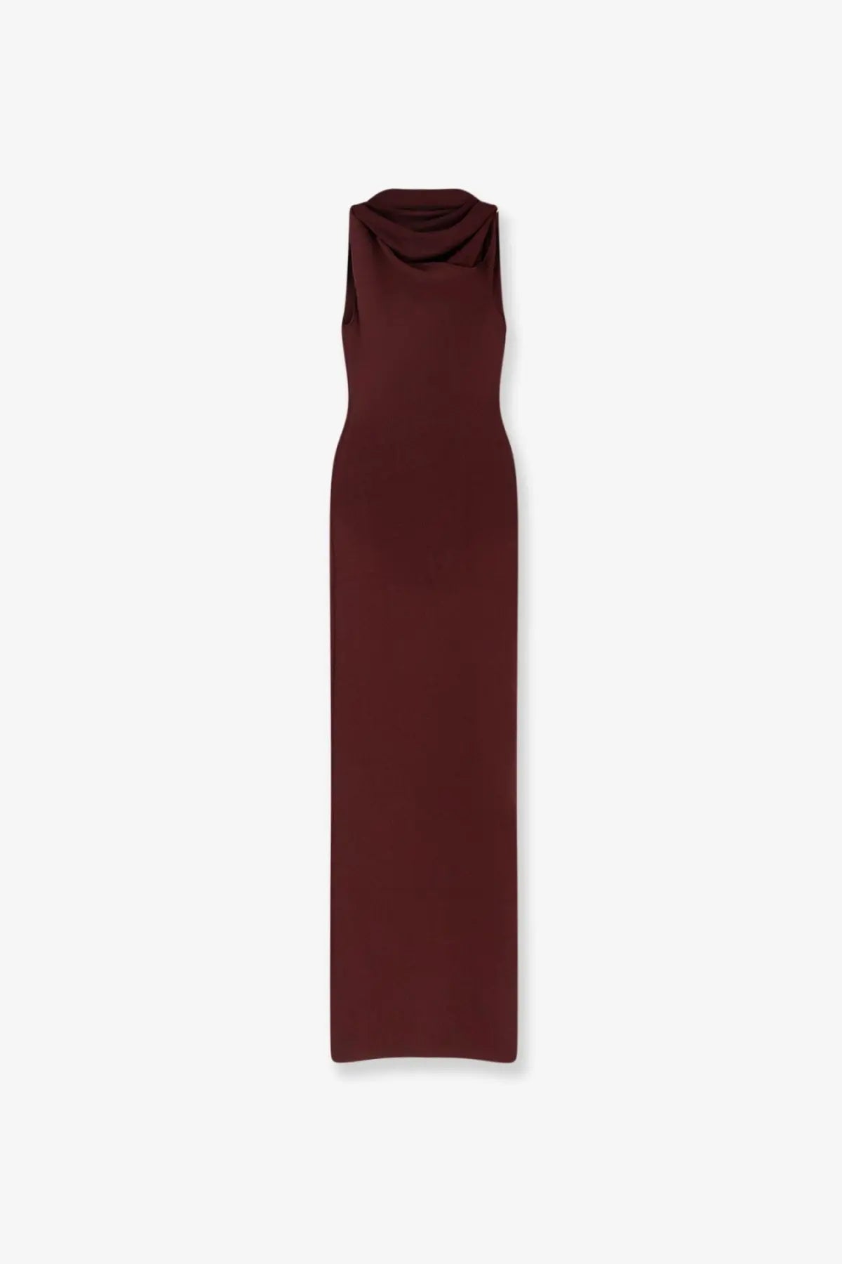 A sleek sleeveless burgundy satin gown with a draped cowl neckline from self portrait womens draped knitted long dress brown collection