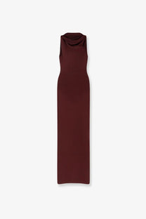 A sleek sleeveless burgundy satin gown with a draped cowl neckline from self portrait womens draped knitted long dress brown collection