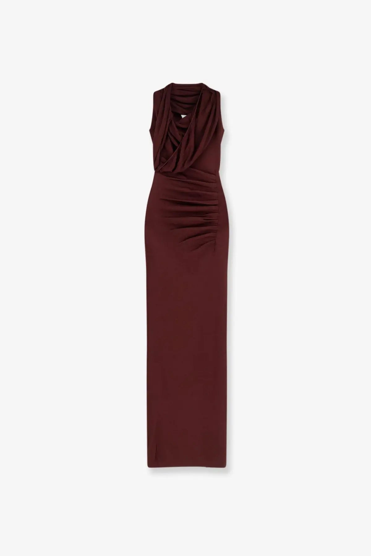 A sleek sleeveless burgundy knitted long dress with a draped neckline and fitted silhouette by self portrait women