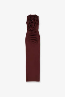 A sleek sleeveless burgundy knitted long dress with a draped neckline and fitted silhouette by self portrait women