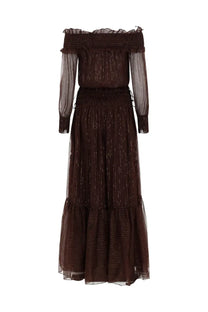 A shimmering dark brown off-the-shoulder maxi dress with sheer long sleeves and tiered skirt by self-portrait