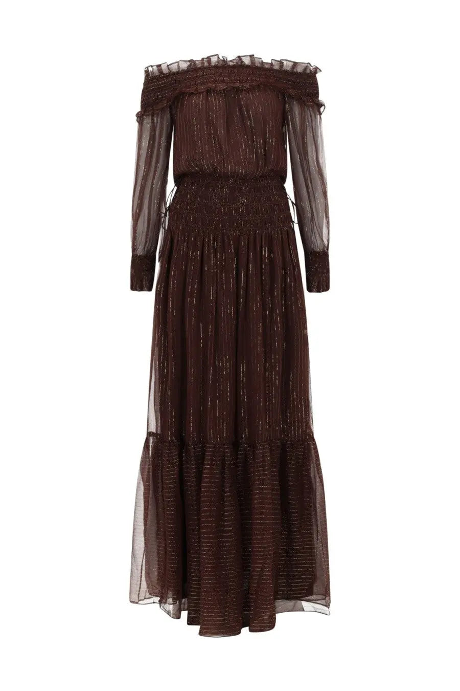 Self-portrait women’s brown off-the-shoulder maxi dress with shimmering fabric sheer long sleeves and tiered skirt