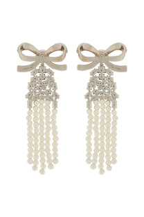 Silver self portrait women’s drop earrings with bow shape, intricate lace detailing, and cascading cream pearls