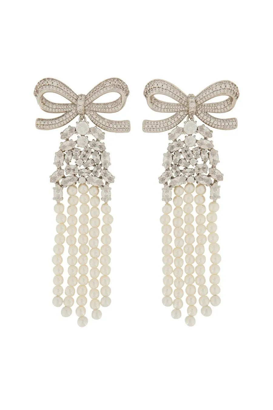Delicate silver self portrait women’s drop earrings with sparkling crystals and cascading creamy white pearl strands