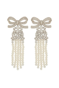 Delicate silver self portrait women’s drop earrings with sparkling crystals and cascading creamy white pearl strands