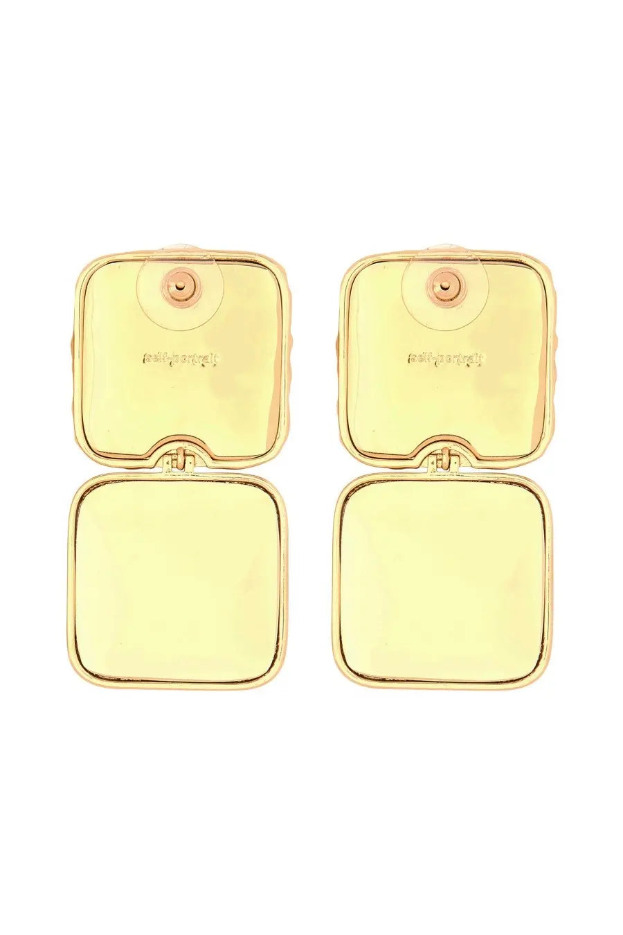Gold-toned square compact mirrors with polished metallic finish and engraved branding for self portrait women’s earrings gold