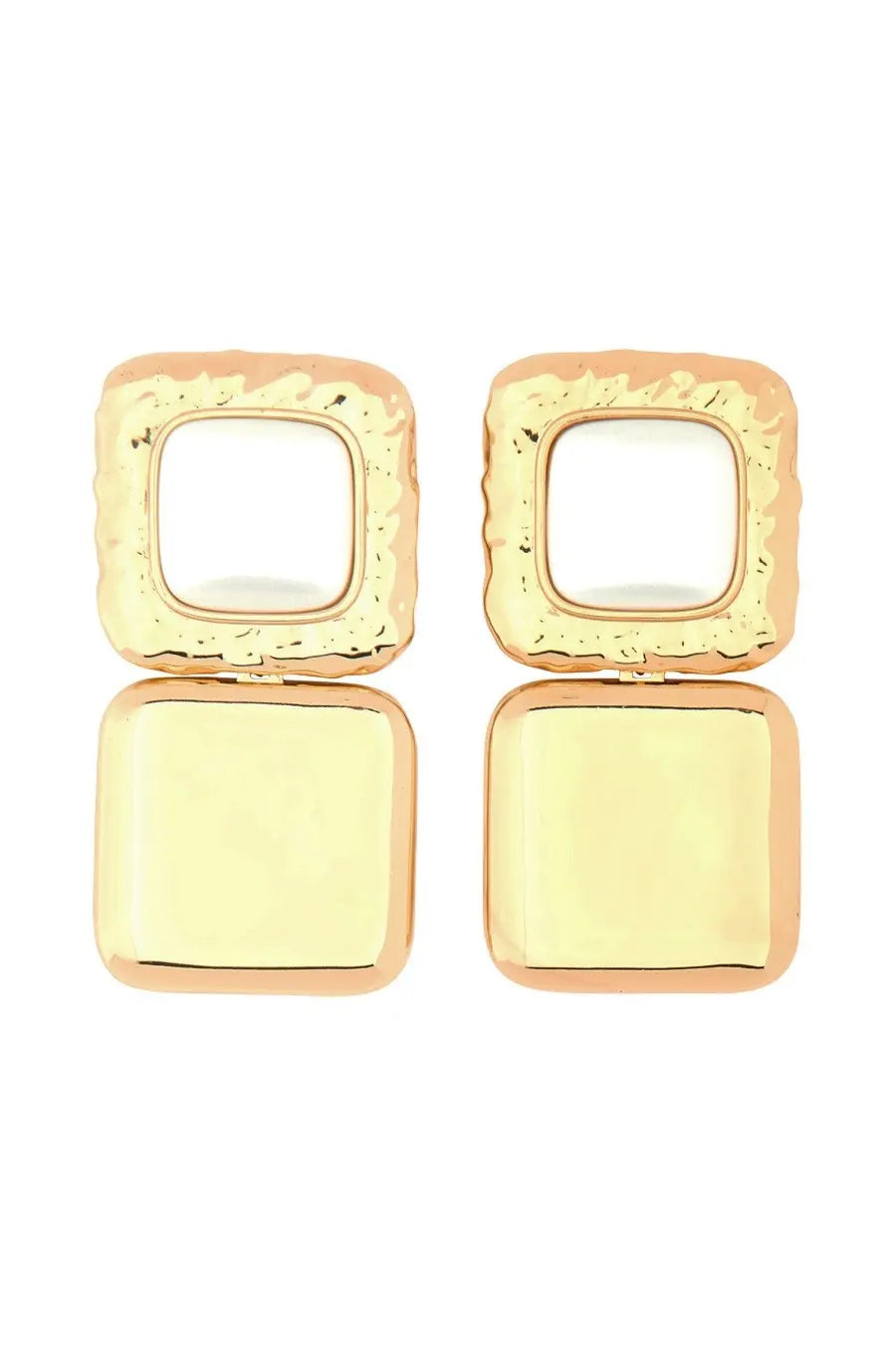 Self-portrait women’s gold earrings with square shape, textured hammered top half, and smooth reflective bottom half