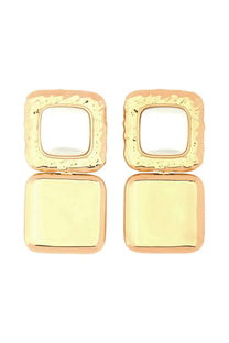 Self-portrait women’s gold earrings with square shape, textured hammered top half, and smooth reflective bottom half