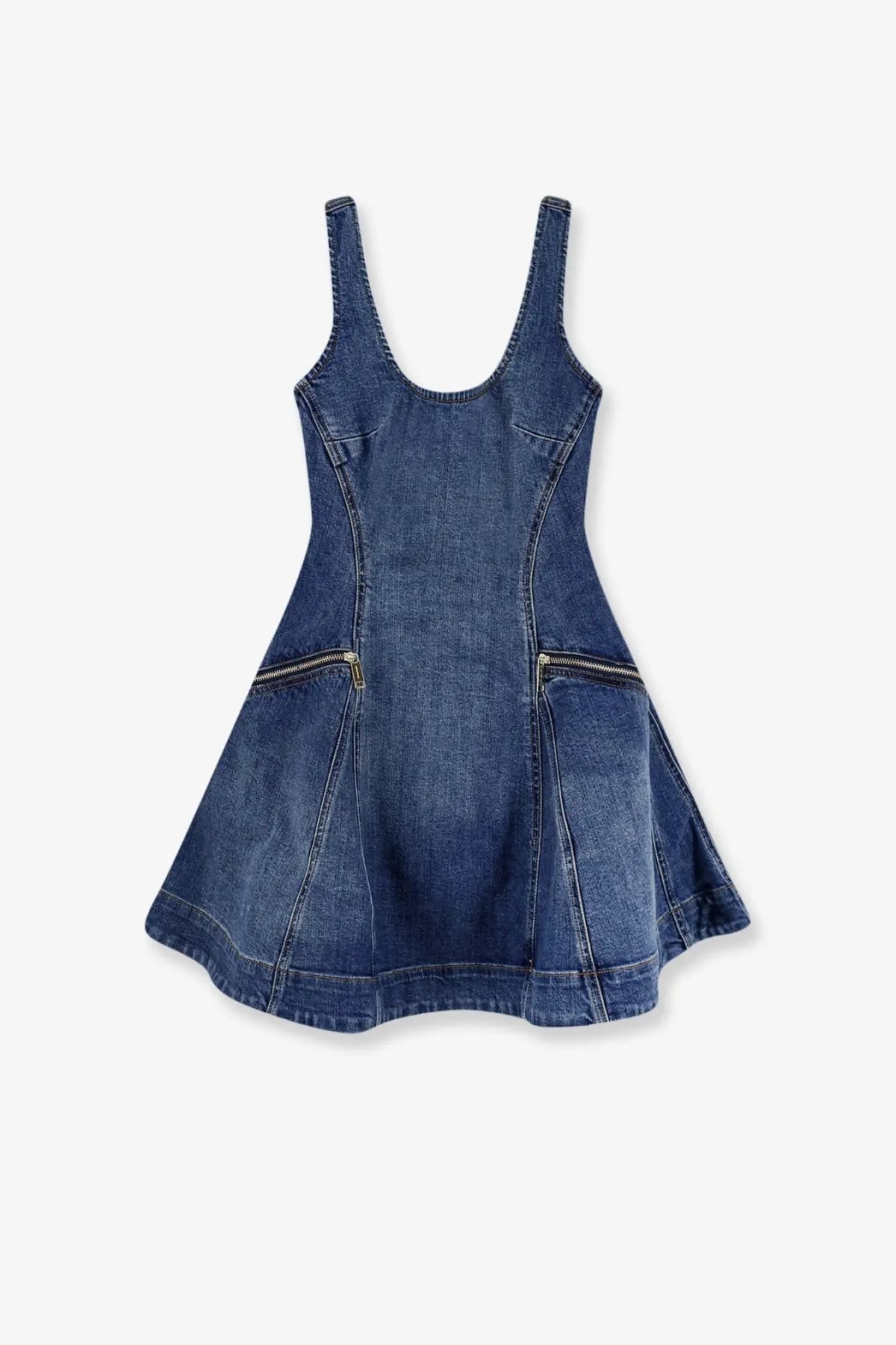 Self-portrait women’s flared denim mini dress in blue with thin straps and front zipper pockets