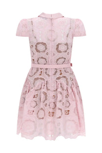 Self-portrait women’s flared blue floral lace dress with delicate pink lace short puffed sleeves and matching belt