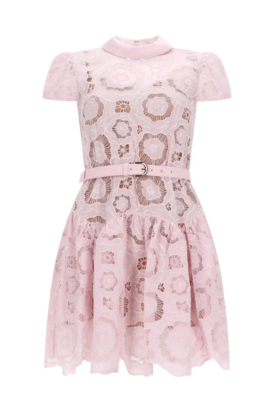 Self-portrait women’s flared pink lace dress with high collar short puffed sleeves and intricate floral pattern