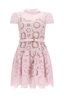 Self-portrait women’s flared pink lace dress with high collar short puffed sleeves and intricate floral pattern