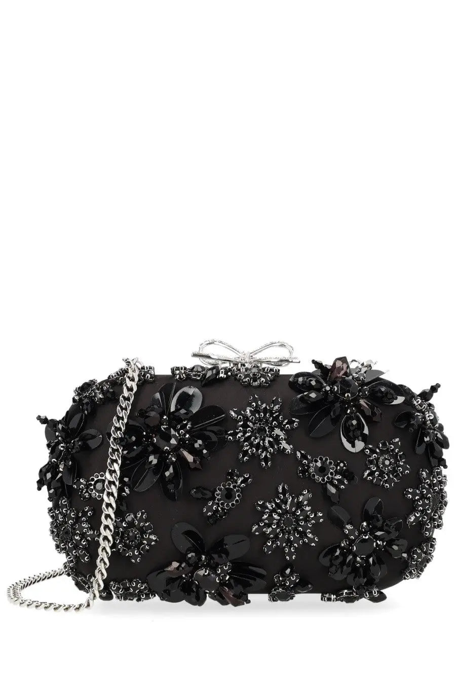 Black beaded clutch bag with floral crystal embellishments and silver chain strap by self portrait women’s collection
