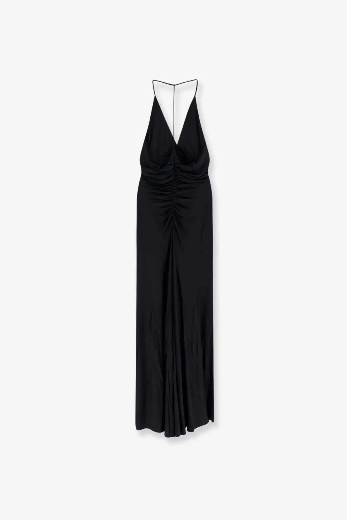 Black satin halter neck maxi dress with deep v-back and ruched bodice from self portrait womens gathered jersey long dress black