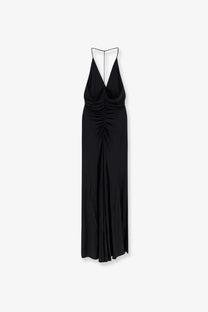 Black satin halter neck maxi dress with deep v-back and ruched bodice from self portrait womens gathered jersey long dress black