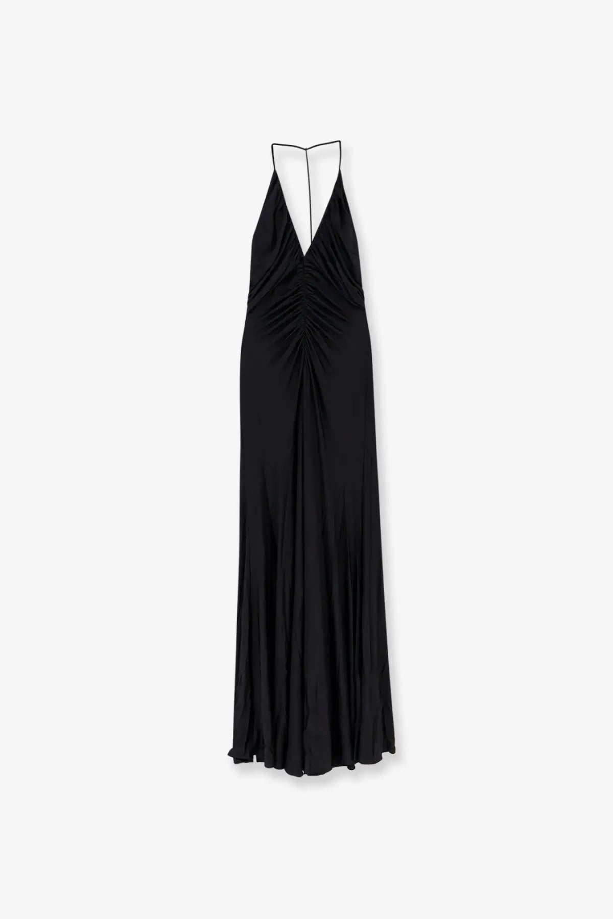 Black satin halter gown by self-portrait with deep v-neckline and ruched bodice in gathered jersey long dress style