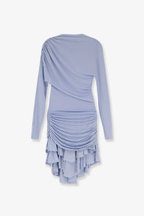 Light blue self-portrait women’s gathered jersey mini dress with ruched back and tiered ruffle hem shown from back