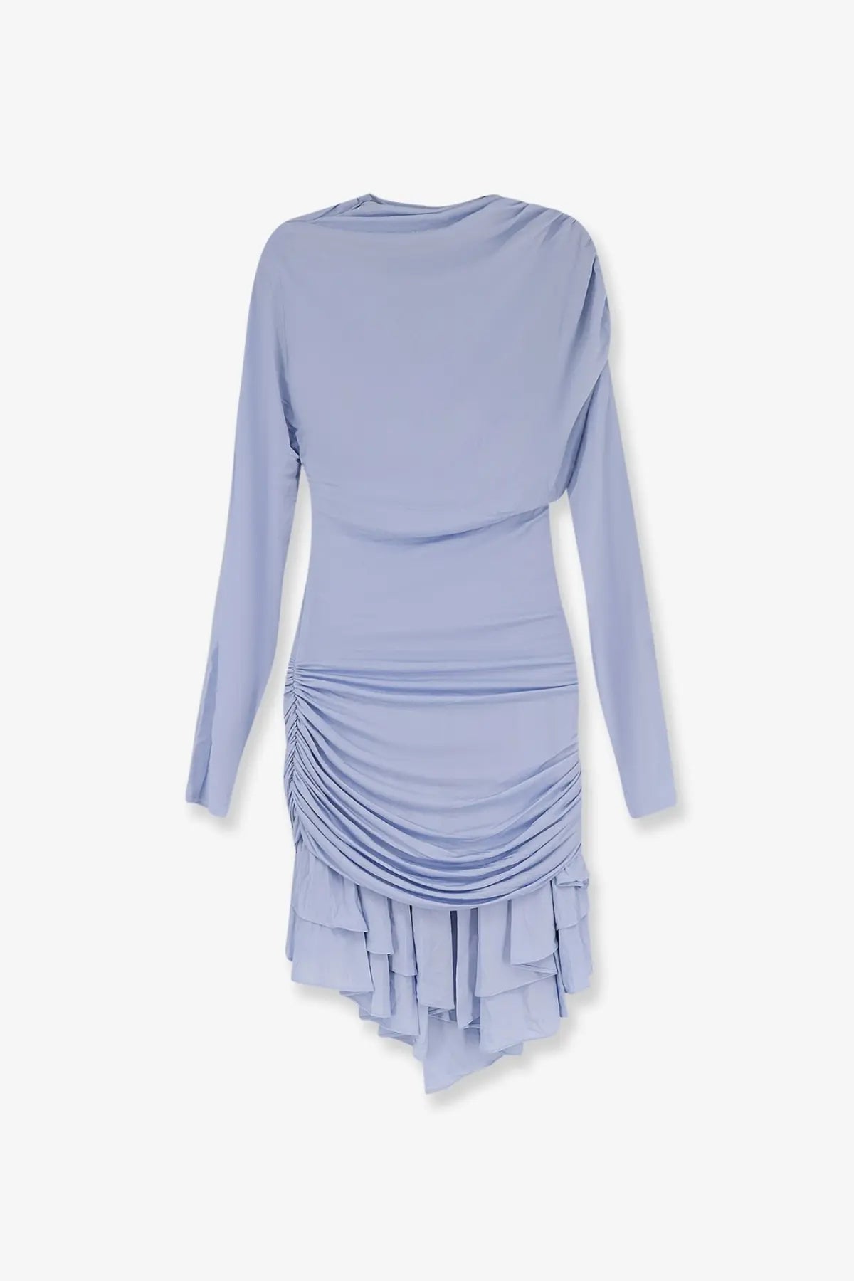 Self portrait women’s gathered jersey mini dress in blue featuring a soft lavender long sleeve and tiered ruffle hem
